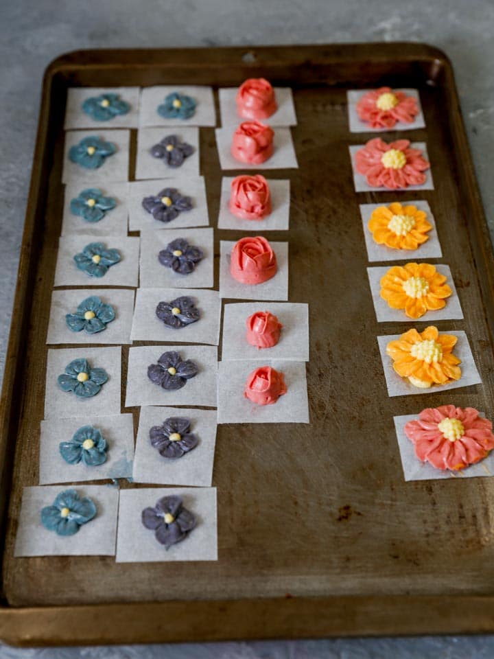 Drying buttercream flowers on wax paper
