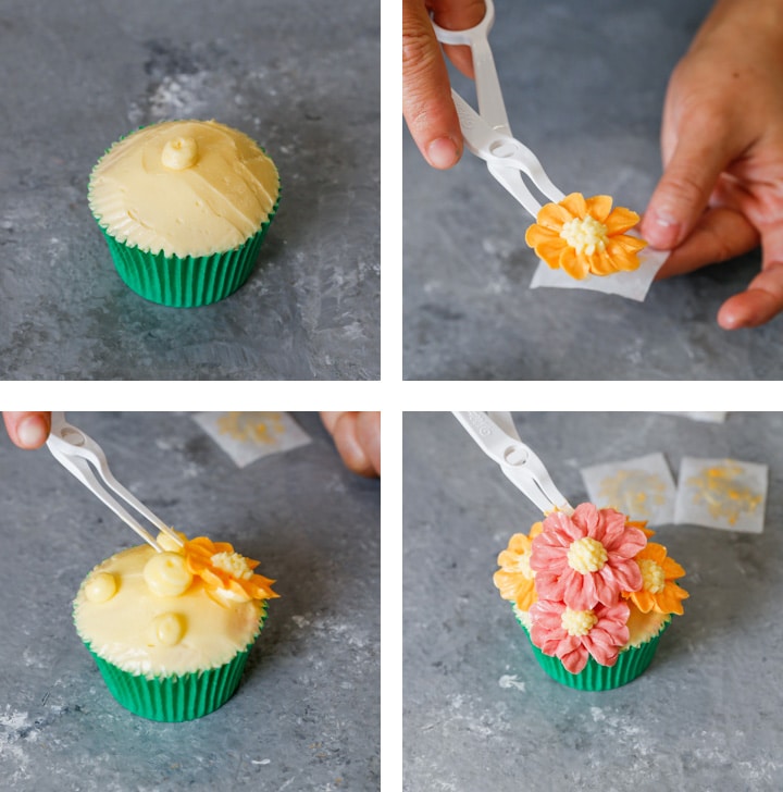 Transferring buttercream flowers to cupcakes
